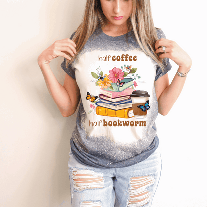 Half Coffee Half Bookworm Bleached Dark Heather Women's Graphic Tee Shirt - Cathy's Custom Emporium