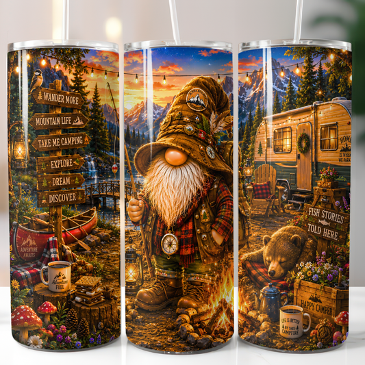 Three tumbler designs featuring a gnome, bear, and camper with scenic and rustic elements.