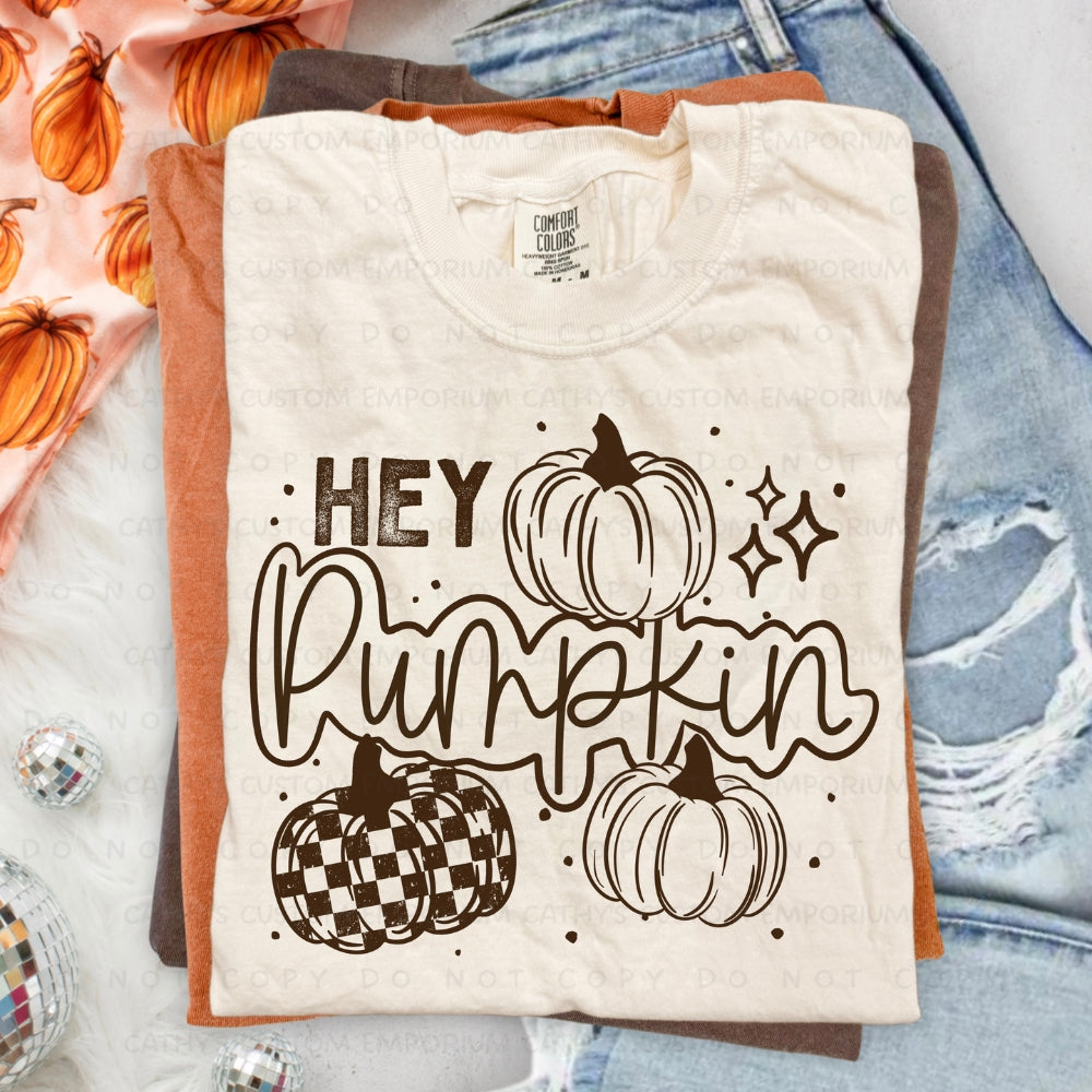 Celebrate your favorite season with our Hey Pumpkin graphic apparel featuring classic and buffalo plaid pumpkins. Available as a Graphic T-Shirt, sweatshirt, or hoodie.