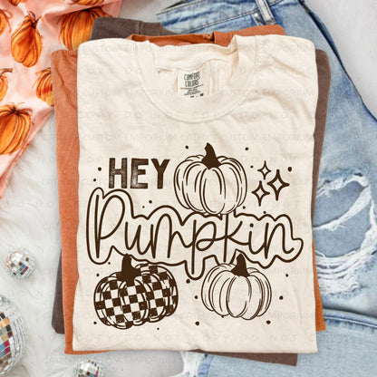 Celebrate your favorite season with our Hey Pumpkin graphic apparel featuring classic and buffalo plaid pumpkins. Available as a Graphic T-Shirt, sweatshirt, or hoodie.