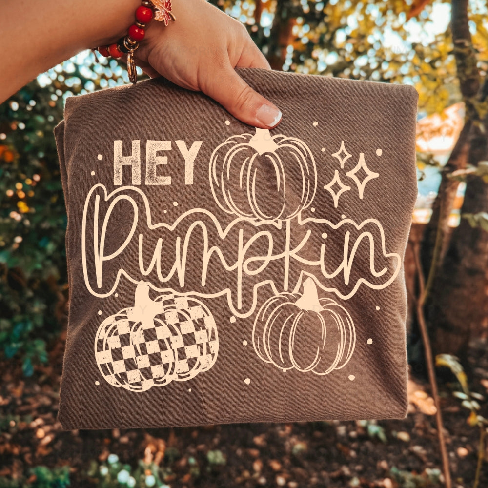 Hey Pumpkin graphic apparel featuring a vintage pickup truck filled with pumpkins and fall accents shown on a Comfort Colors Espresso