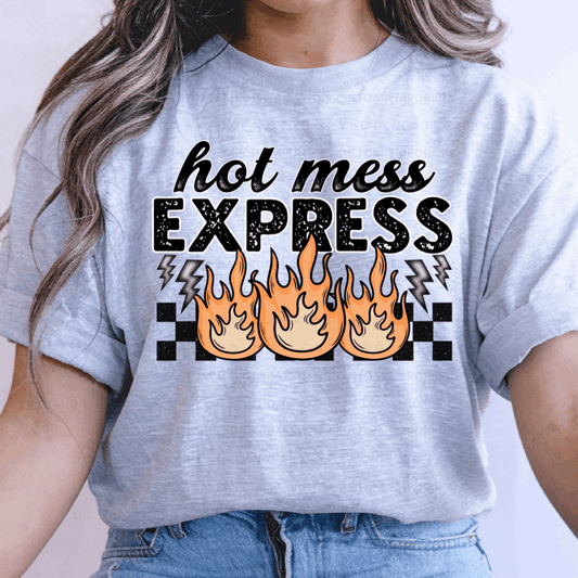 Hot Mess Express Graphic T-Shirt displayed on a Sport Grey shirt with a fun retro-inspired design.