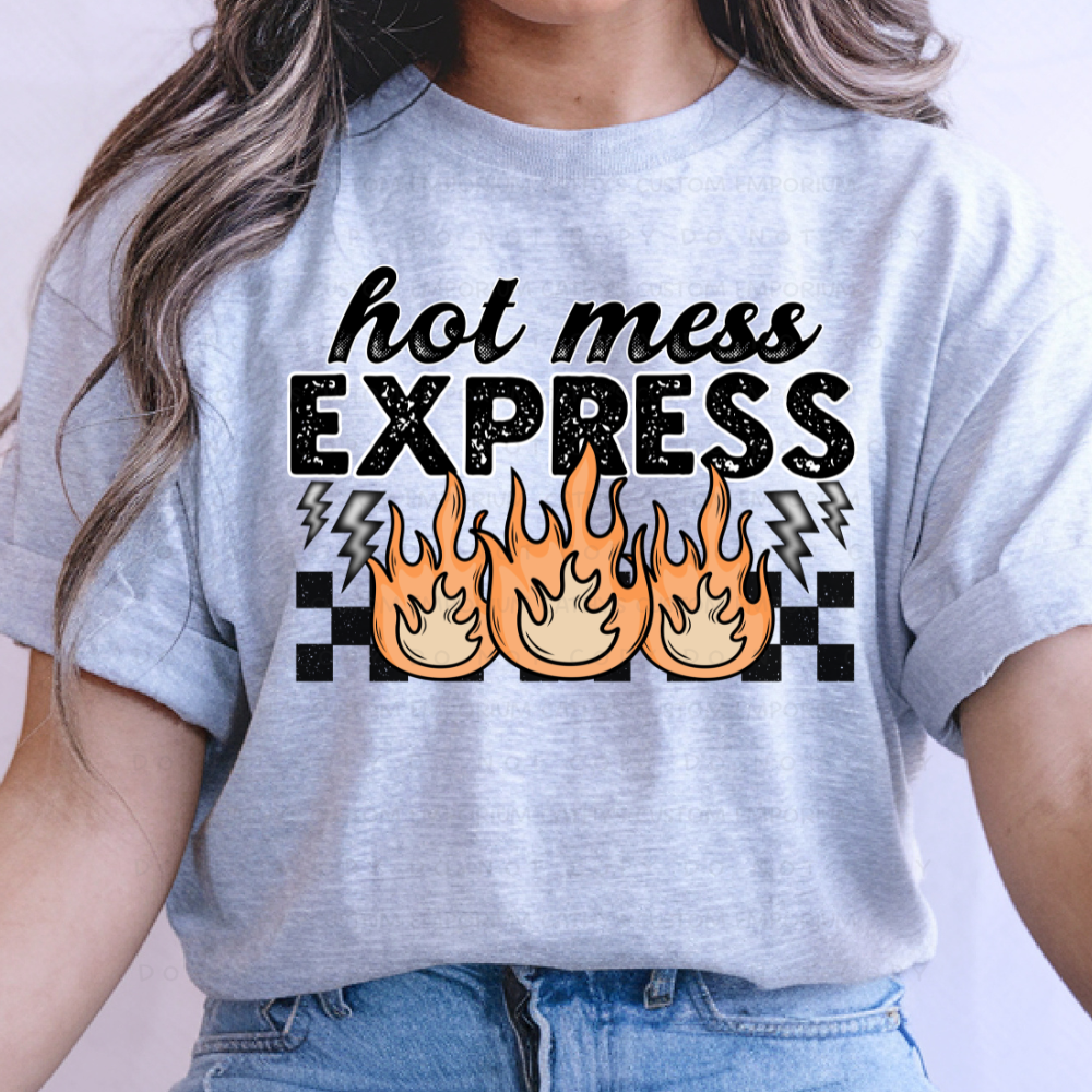Hot Mess Express Graphic T-Shirt displayed on a Sport Grey shirt with a fun retro-inspired design.