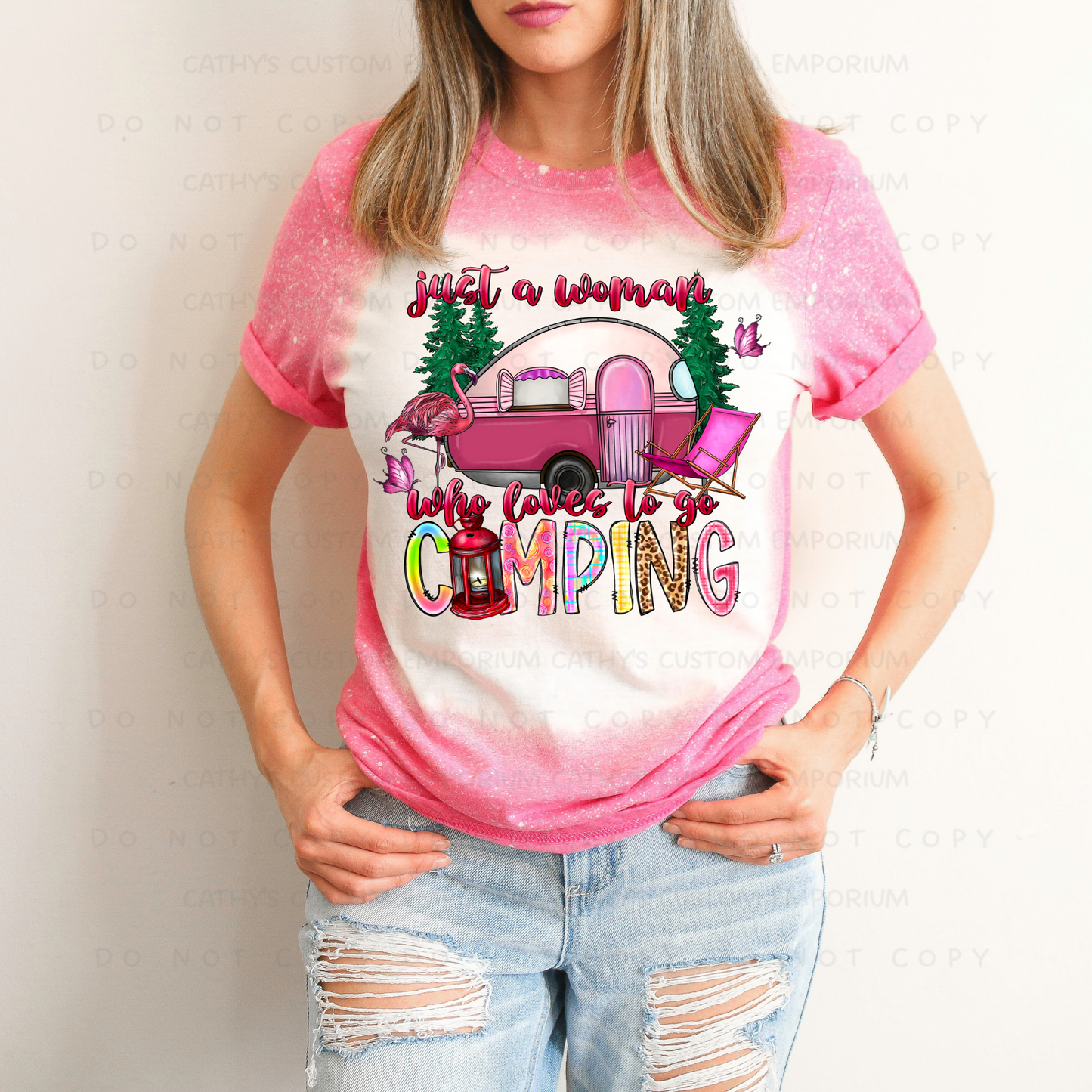 Just a Woman Who Loves to Go Camping Bleached Graphic Tee Cathy's Custom Emporium