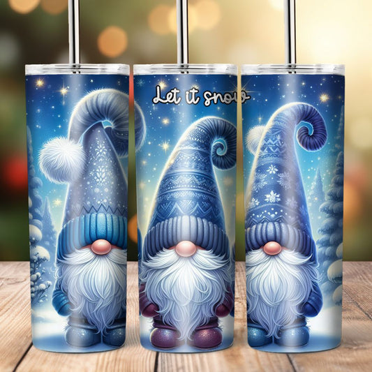 Let it Snow Winter Blue Gnome theme 20 ounce stainless steel tumbler