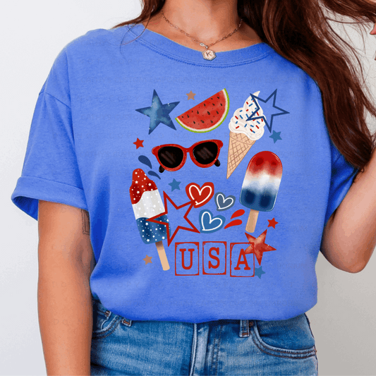 Patriotic summer USA T-shirt with watermelon, popsicles, sunglasses, stars, and red white blue graphics