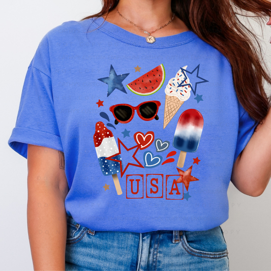 Patriotic summer USA T-shirt with watermelon, popsicles, sunglasses, stars, and red white blue graphics
