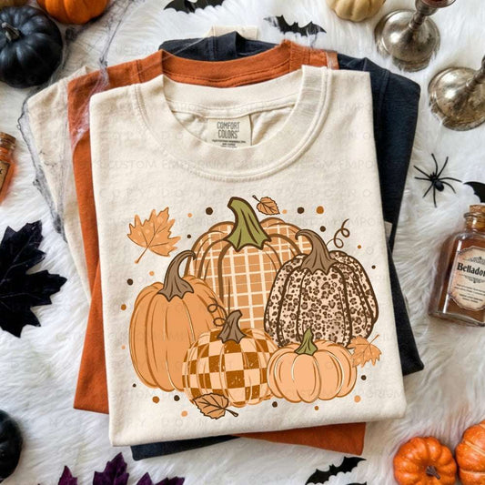 Pumpkin Patch Graphic T-Shirt on Comfort Colors Ivory featuring plaid and leopard pumpkins.