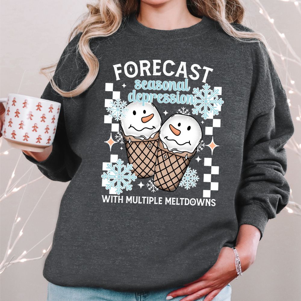 Charcoal sweatshirt with snowmen ice cream cones and snowflakes design