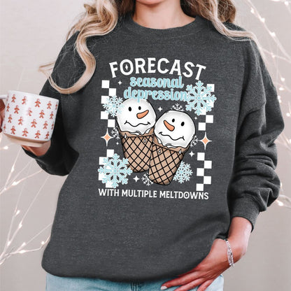 Charcoal sweatshirt with snowmen ice cream cones and snowflakes design