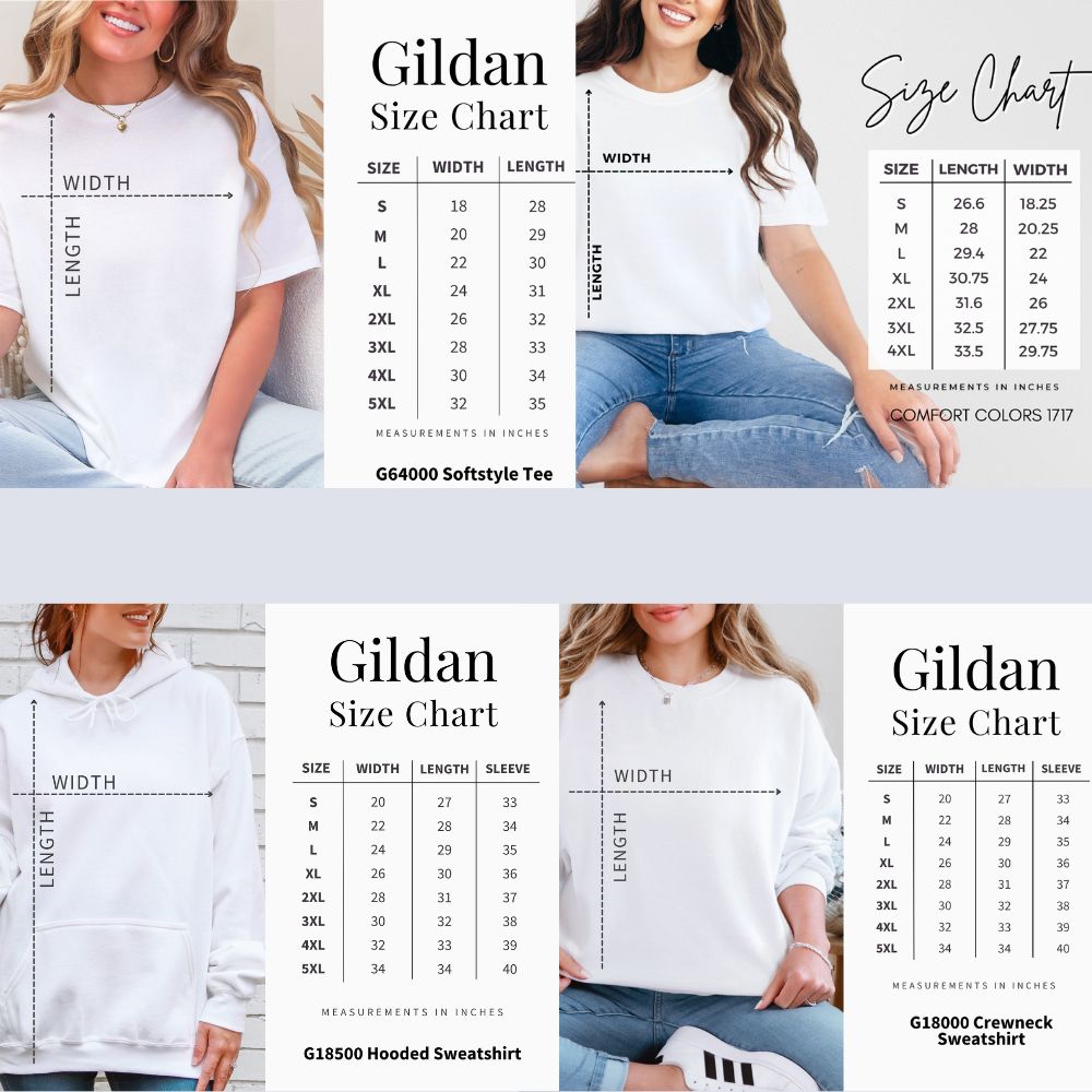 Size charts for gildan and comfort colors, t-shirts, hoodies, and sweatshirts
