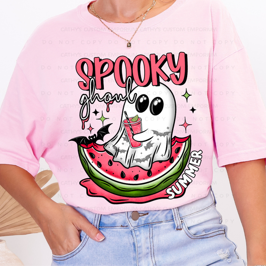 Ghost relaxing on a watermelon with a summer drink on a pink Graphic T-Shirt.