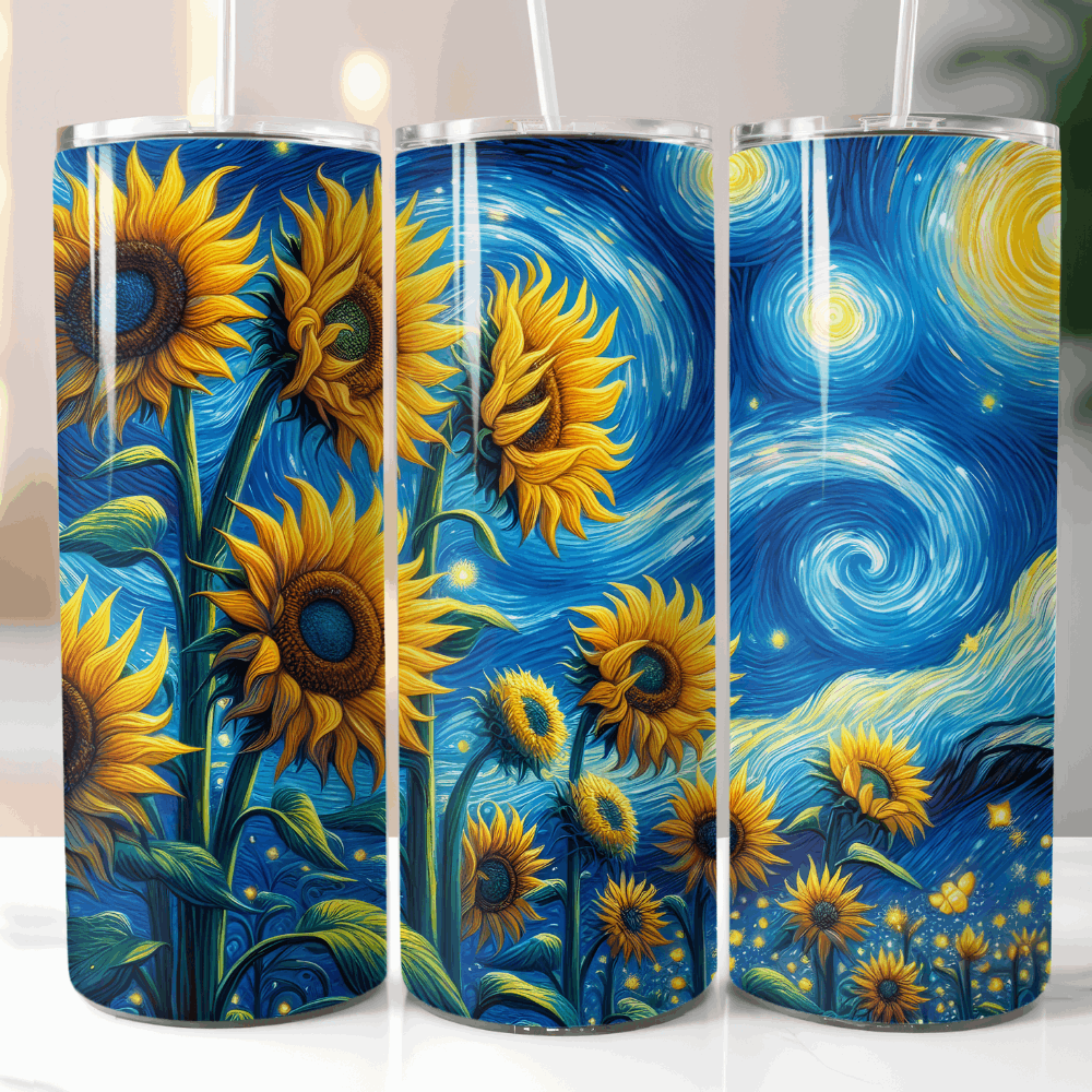 20oz sunflower tumbler featuring bright yellow sunflowers with a swirling starry night inspired background.