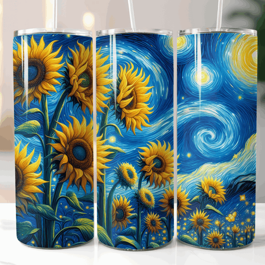20oz sunflower tumbler featuring bright yellow sunflowers with a swirling starry night inspired background.