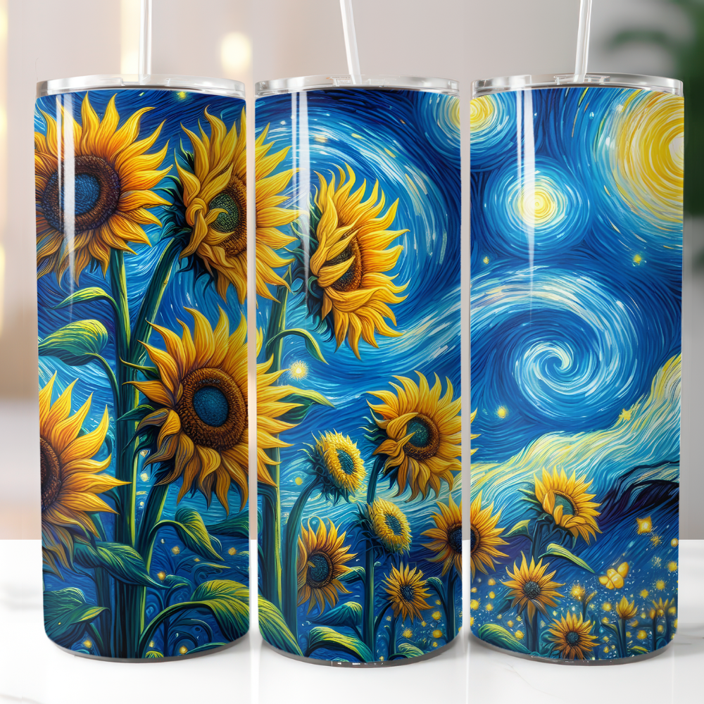 20oz sunflower tumbler featuring bright yellow sunflowers with a swirling starry night inspired background.