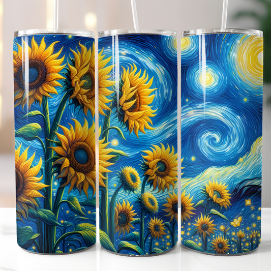 20oz sunflower tumbler featuring bright yellow sunflowers with a swirling starry night inspired background.