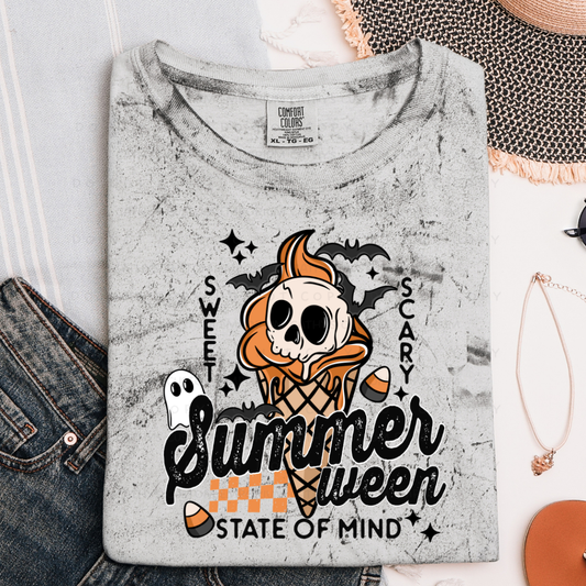 Sweet Scary Summerween State of Mind Graphic T-Shirt displayed on a Comfort Colors White shirt with a spooky ice cream design.