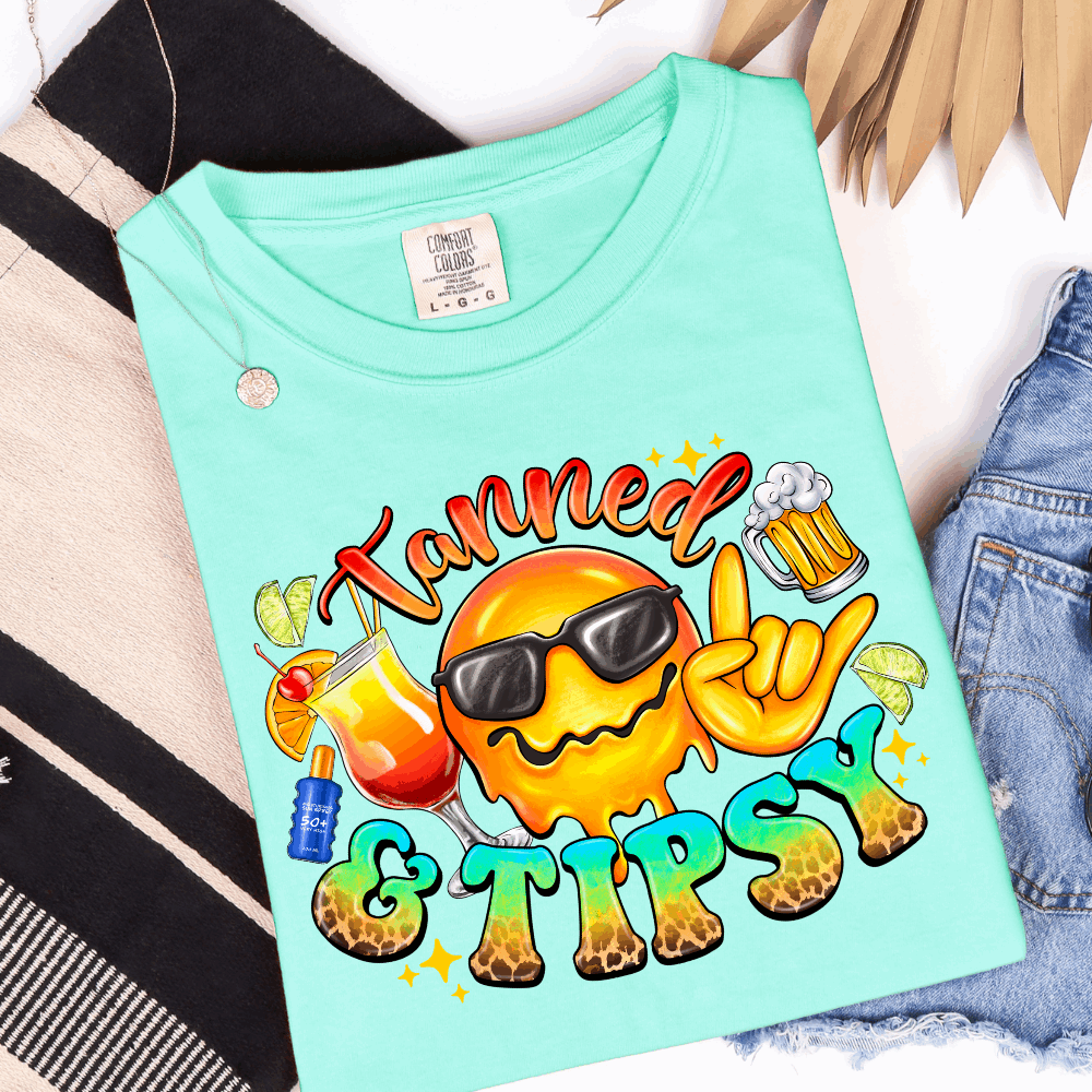 Tanned and Tipsy summer graphic T-shirt on island reef shirt