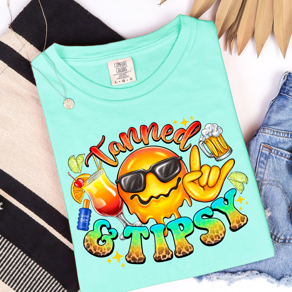 Tanned and Tipsy summer graphic T-shirt on island reef shirt