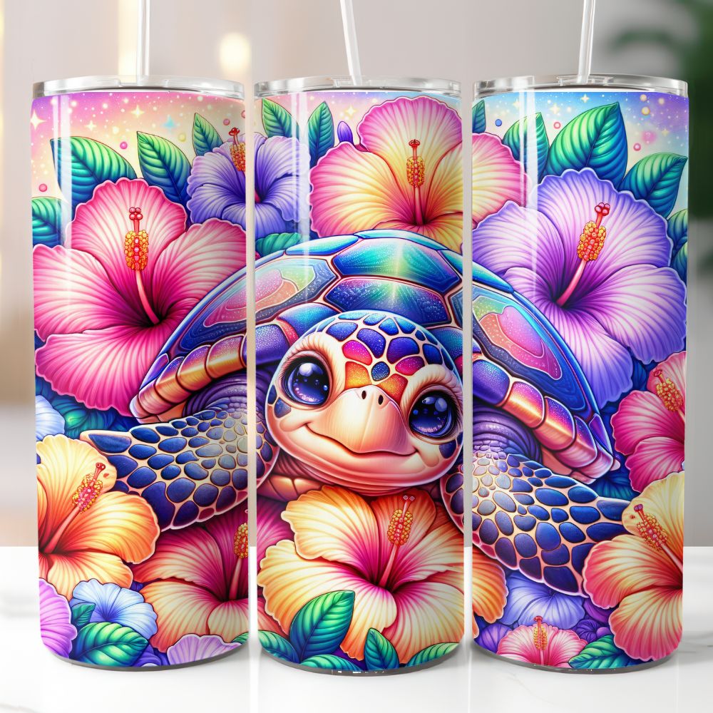 Colorful 20oz tumbler featuring a rainbow sea turtle surrounded by pink, yellow, and purple hibiscus flowers.

