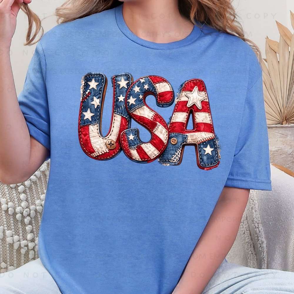 USA Patchwork Patriotic Graphic T-Shirt