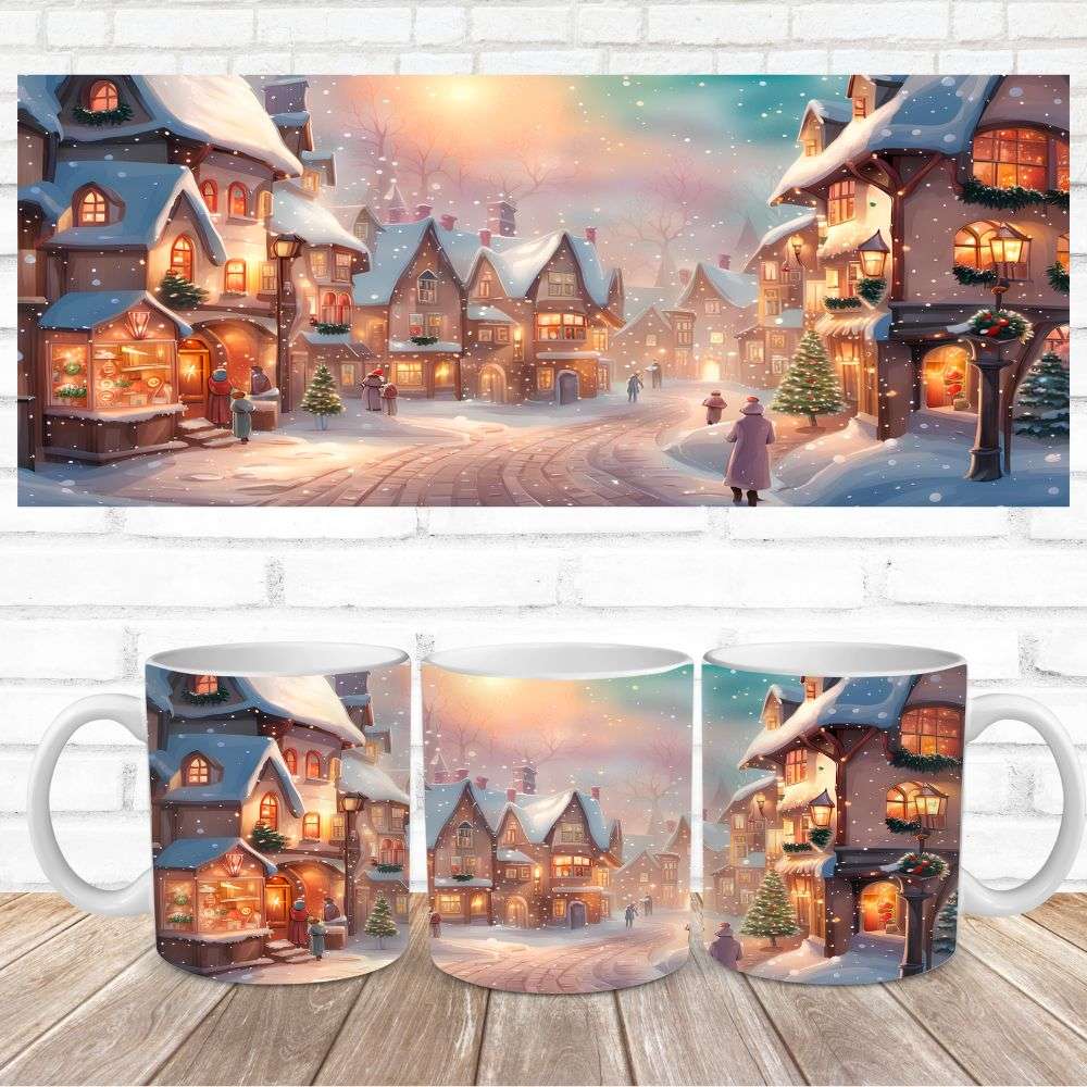 Mug with a winter village scene printed on them, set against a white brick wall.