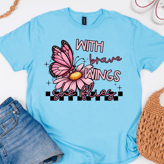Light blue t-shirt with pink butterfly and text design on a white background