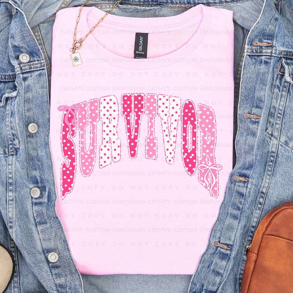 Light pink shirt featuring the word Survivor in pink and white polka-dot lettering with delicate bow accents for breast cancer awareness.