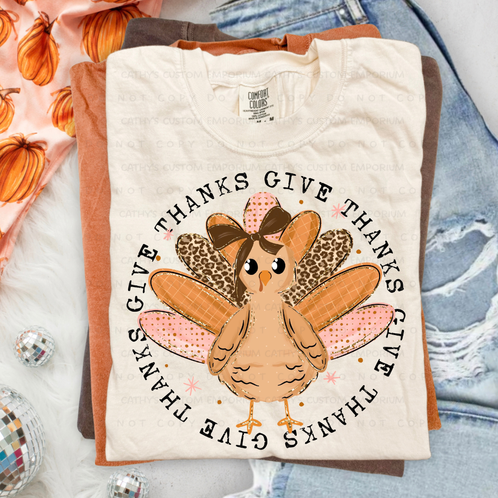 Cute Thanksgiving turkey Give Thanks graphic unisex T-shirt in fall colors