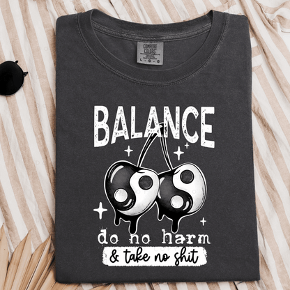 Comfort colors pepper graphic T-shirt with balance do no harm take no shit design with yin yang cherries