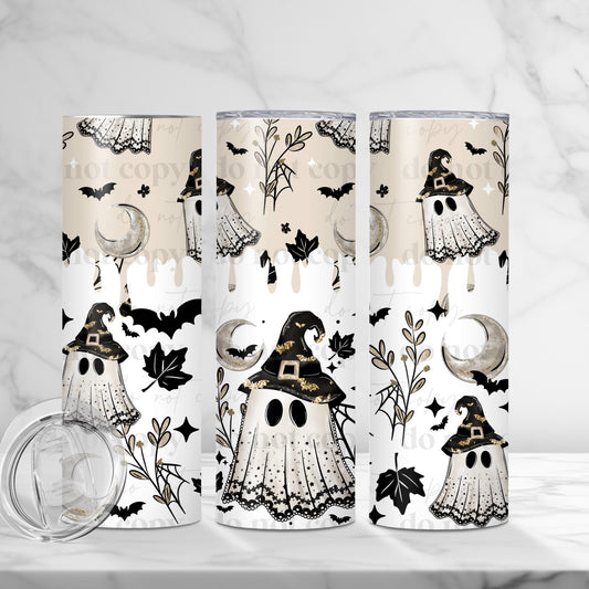 Three views of a 20-ounce straight tumbler featuring vintage-style ghosts in witch hats, crescent moons, bats, spiderwebs, leaves, and black-and-gold accents.