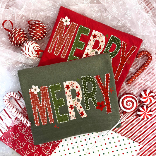 Merry patchwork floral Christmas graphic shirts shown in red and green