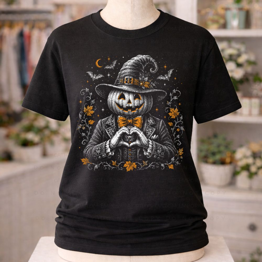 Black T-shirt featuring a vintage pumpkin-headed gentleman in a witch hat and ornate suit, making a heart with skeletal hands, surrounded by bats, stars, and orange leaves.