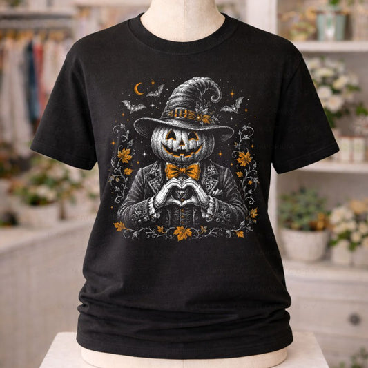 Black T-shirt featuring a vintage pumpkin-headed gentleman in a witch hat and ornate suit, making a heart with skeletal hands, surrounded by bats, stars, and orange leaves.
