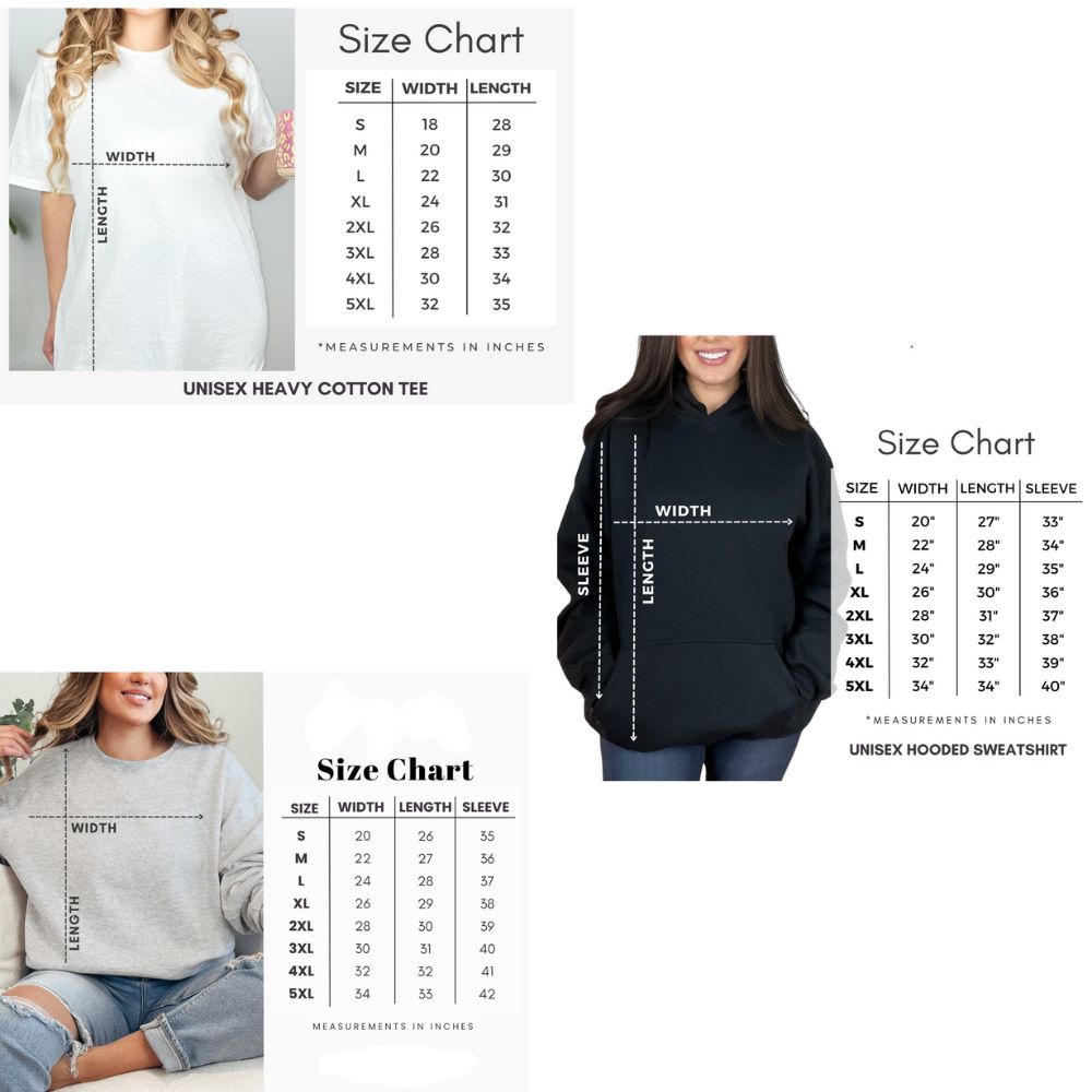 Size chart t-shirts hooded sweatshirts and crewneck sweatshirts