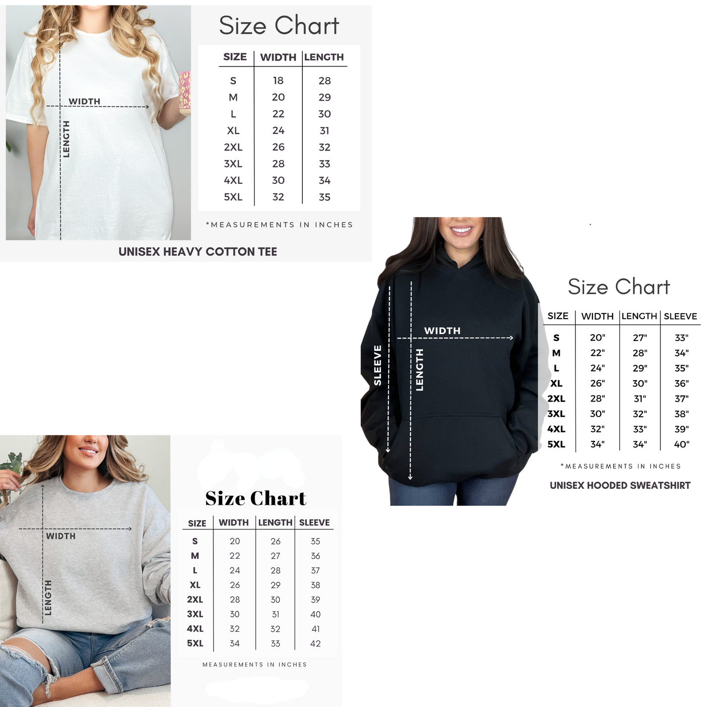 size chart showing measurements  for t-shirt hoodie and crewneck